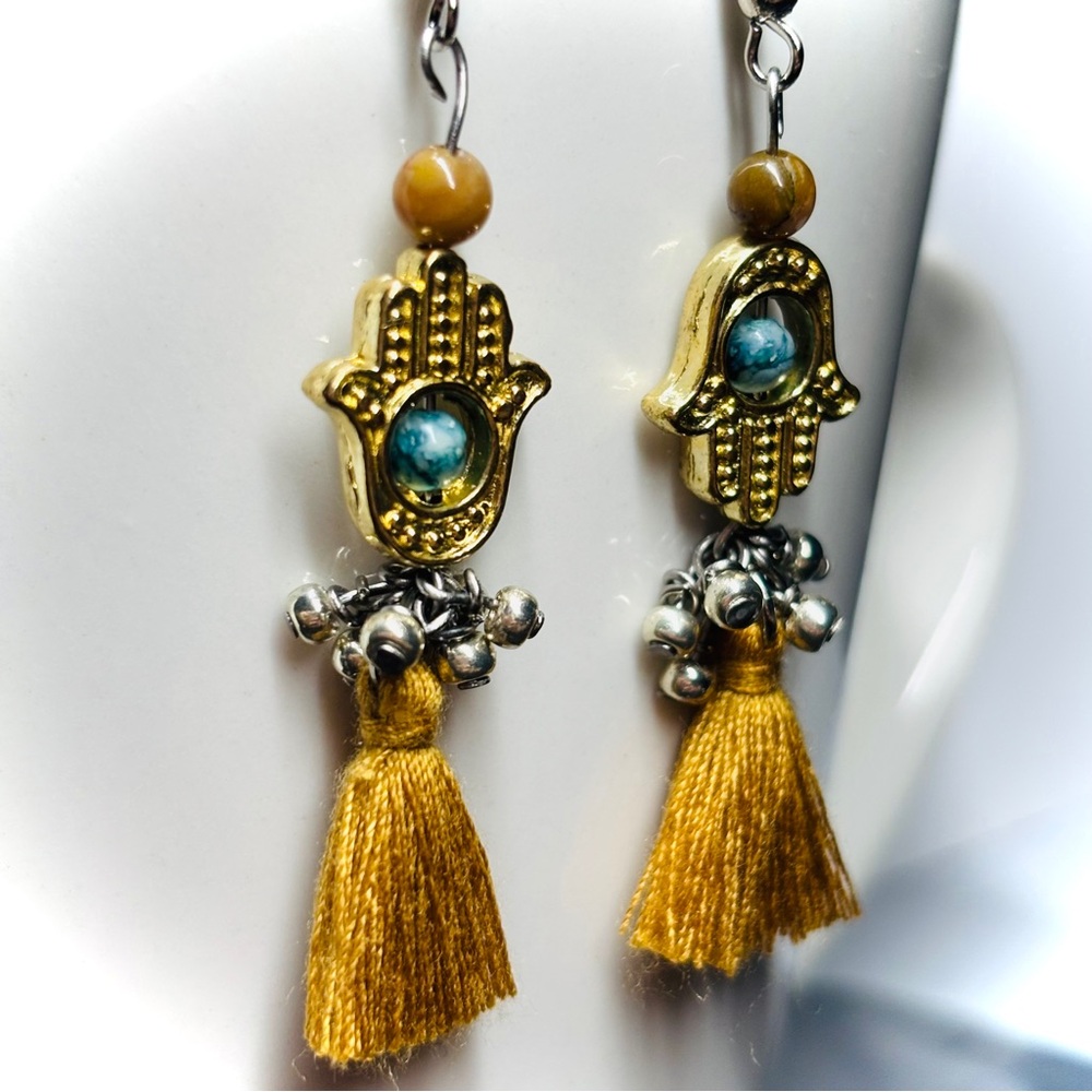 🆕 🪬 Boho Vintage Style Hamsa Tassel Dangle Earrings